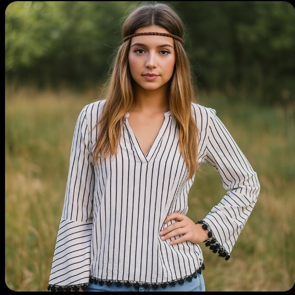 Lauren Ralph Lauren White Black Striped Bohemian Hippie Festival Boho Top Size S